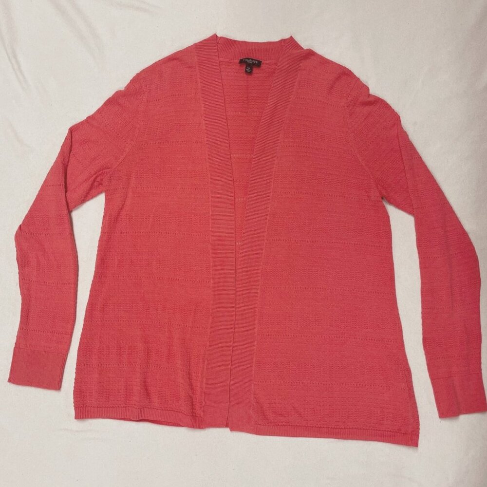 Talbot's Size LP Petite Coral Open Front Knit Ribbed Cardigan Sweater Jacket